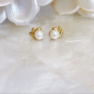 Gold Tone Faux Pearl Scroll Leaf Stud Earrings